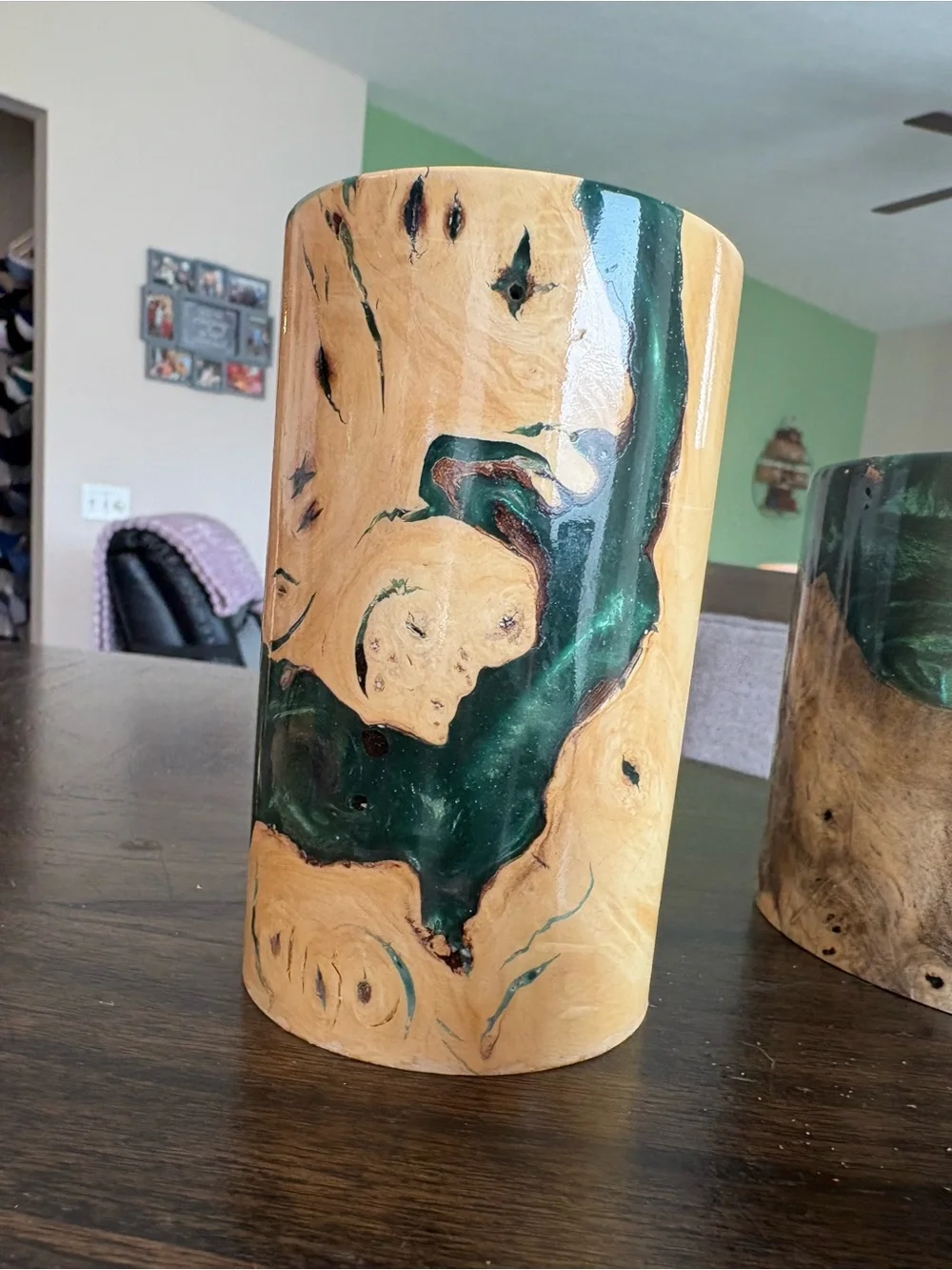 Handcrafted Wood and Emerald Resin Decorative Vase - Green Accent